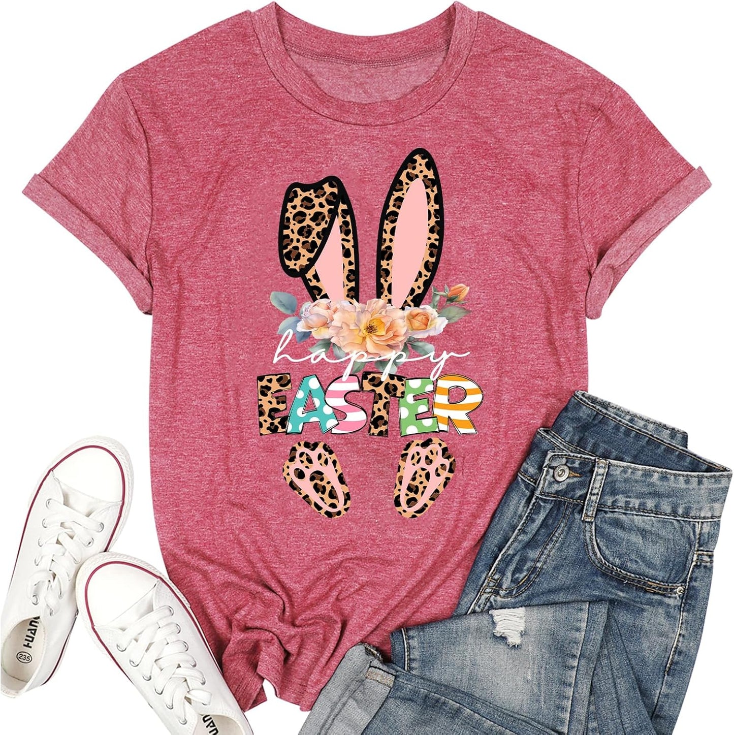 Easter Shirts for Women Happy Bunny Shirt Easter Eggs Printed Tshirt Floral Rabbit Holiday Graphic Tee