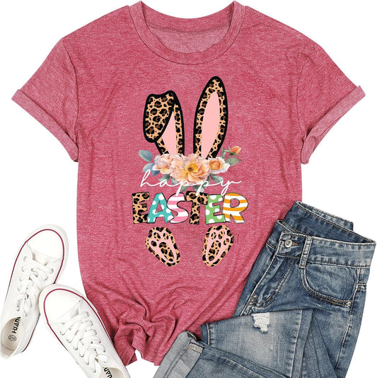 Easter Shirts for Women Happy Bunny Shirt Easter Eggs Printed Tshirt Floral Rabbit Holiday Graphic Tee
