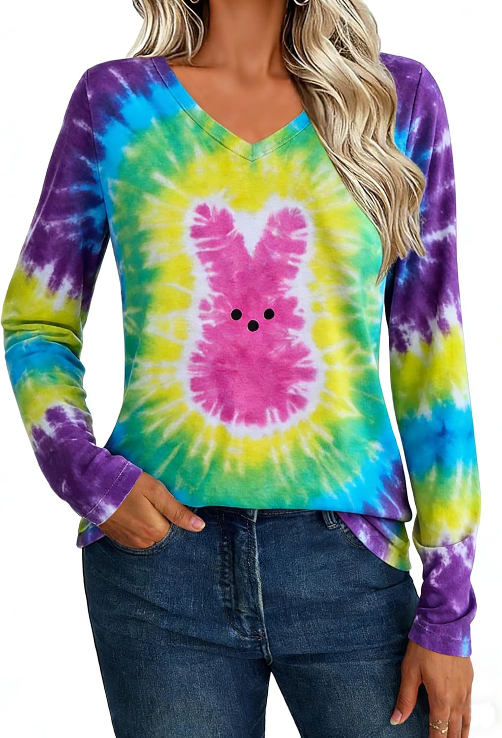 Easter Shirts for Women Bunny Shirt Happy Easter Eggs T-Shirt Rabbit Graphic Gifts Tee Tops V Neck Long Sleeve Outfit