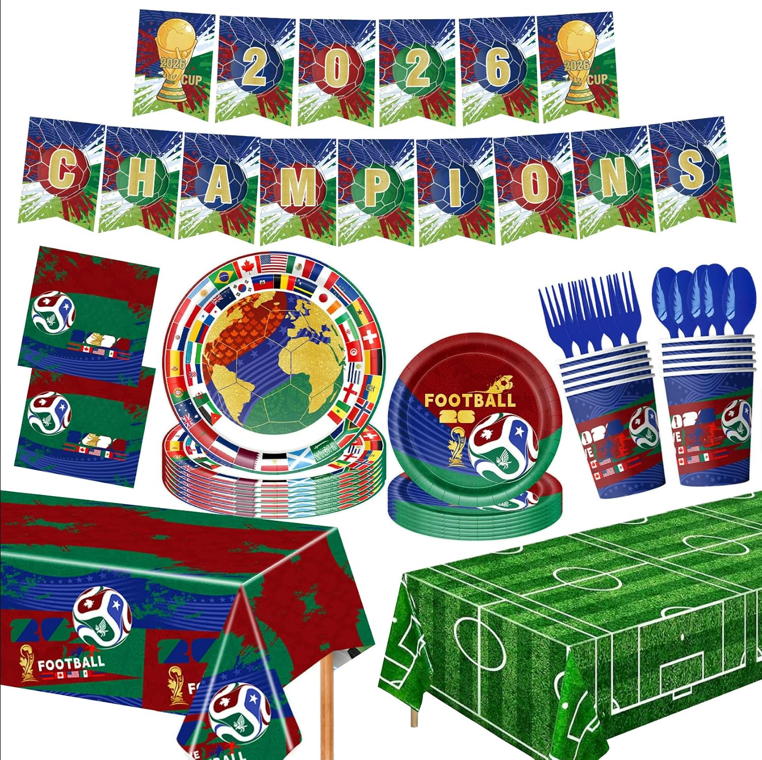 Soccer Party Supplies Kit Serve 24,172 Pcs Includes Dinner Plates, Dessert Napkins, Cups, Forks, Knives,Banner and Tablecloth for 2026 World Cup, Birthday, Gameday Decorations