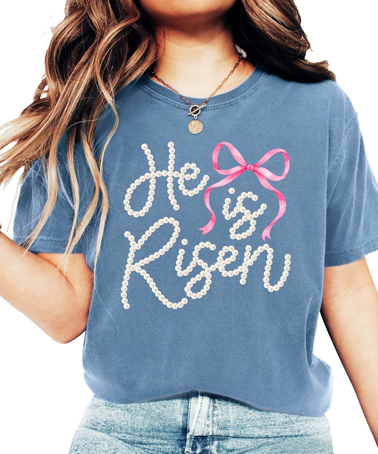 He is Risen Christian Shirt for Women - Pearl Bow Easter Faith Graphic Tee