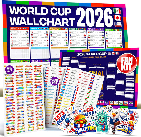 World Cup Wall Chart 2026 Interactive Kit (USA Edition) – A1 Soccer Tournament Wall Planner, 288 Team Progression Stickers, 96 Match Action Stickers, Tournament Tracker & USA Sticker
