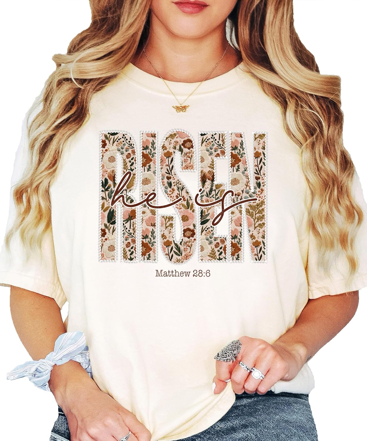 He is Risen Shirt for Women - Ink-Printed Pearls Easter Matthew 28:6 Floral Christian Graphic Tee