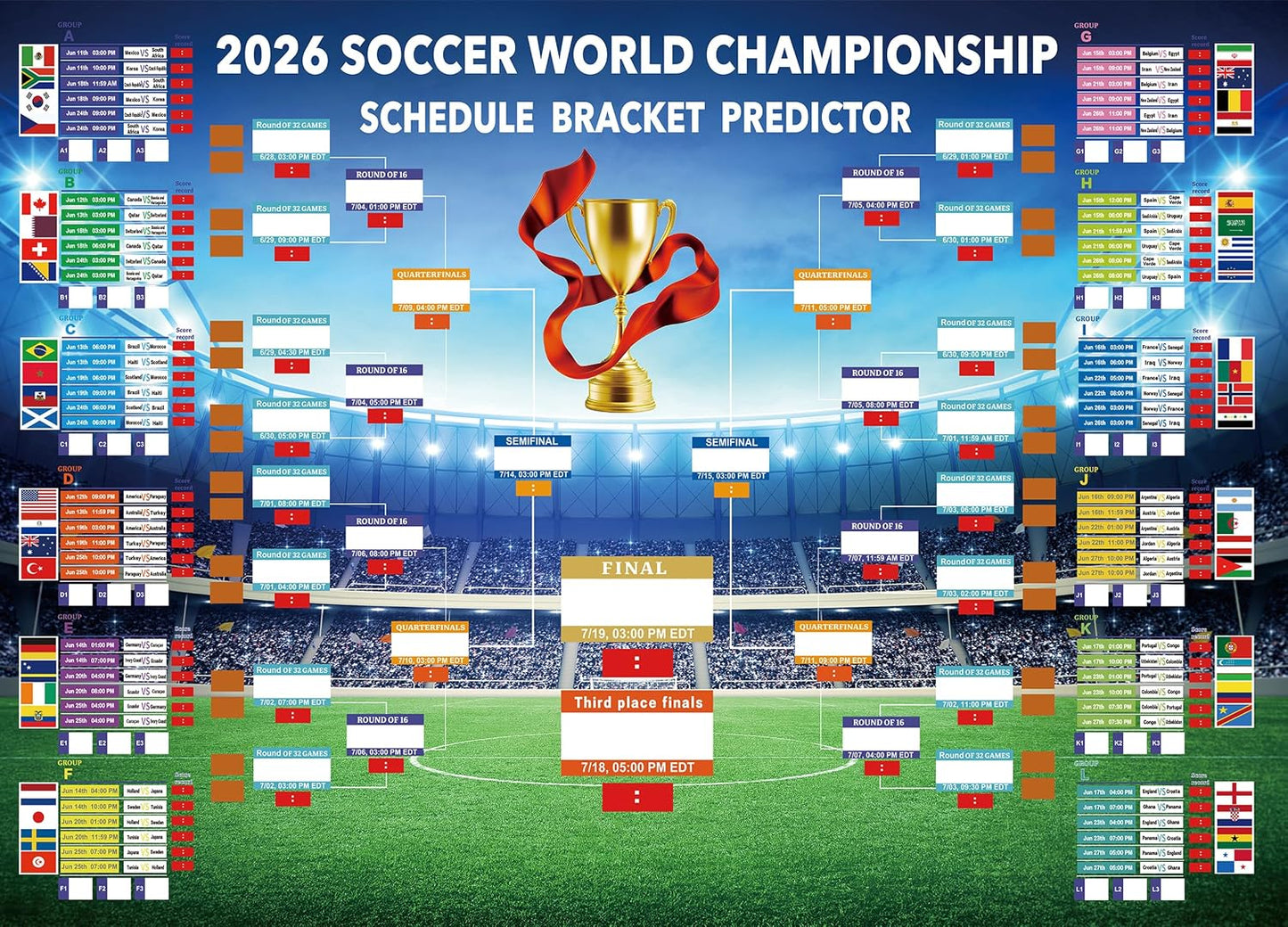 MORTICO 2026 World Cup Bracket Poster 35.5"x23.6" - Bracket Predictor Chart with All Group Matches (A-L) Through Final- EDT Times, Soccer Party Decor Sports Bar Essentials, Great Soccer Fans Gifts