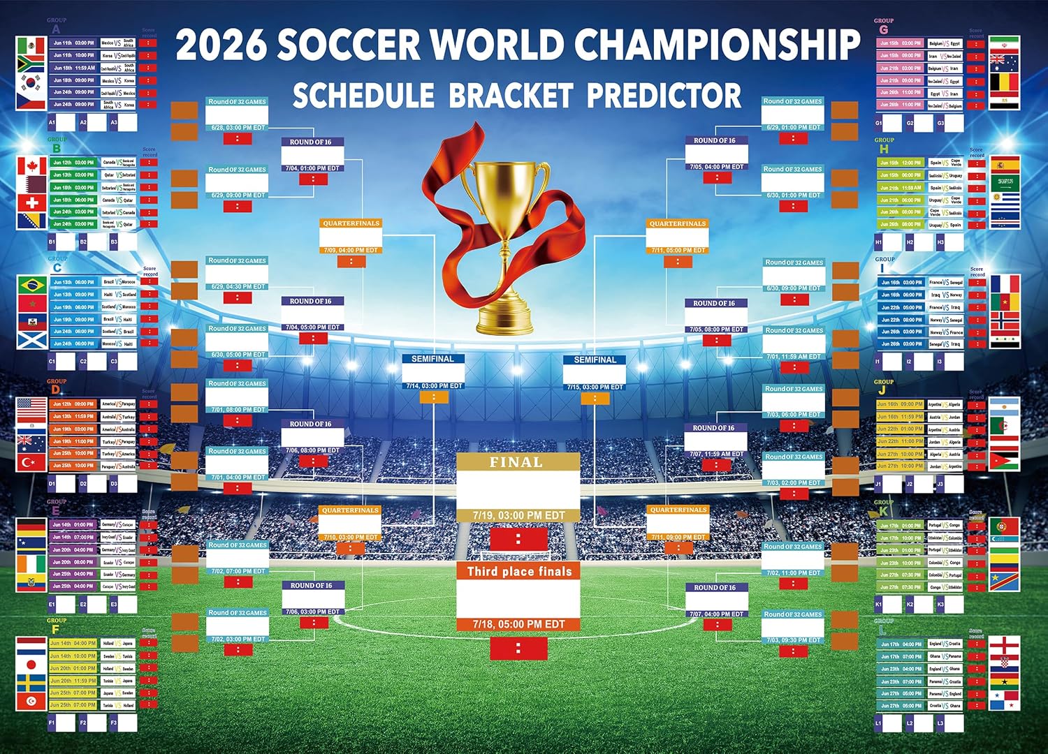 MORTICO 2026 World Cup Bracket Poster 35.5"x23.6" - Bracket Predictor Chart with All Group Matches (A-L) Through Final- EDT Times, Soccer Party Decor Sports Bar Essentials, Great Soccer Fans Gifts