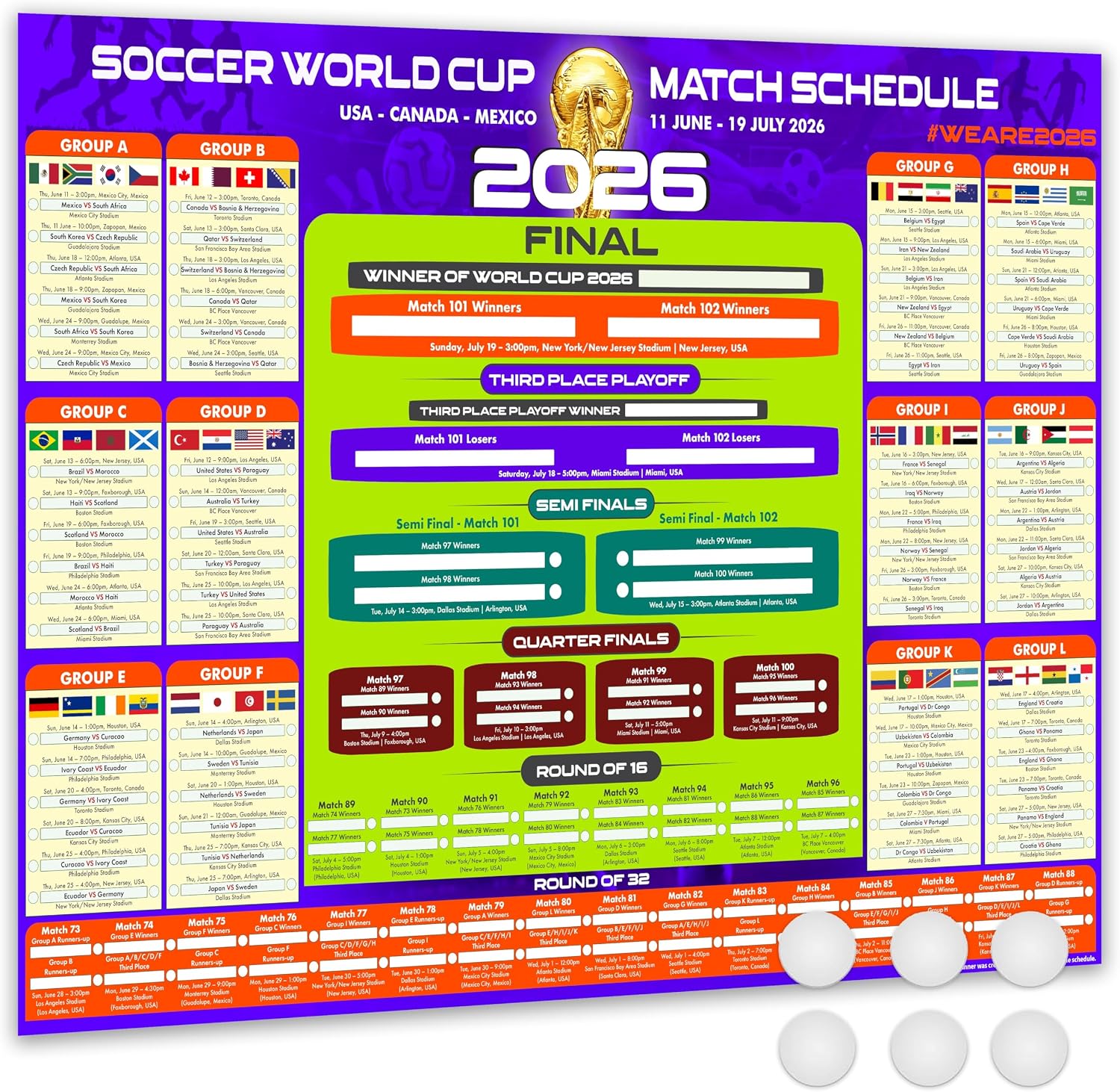 2026 World Soccer Tournament Wall Chart – A1 Size Football Bracket Poster 33.1"x23.4", US Kick Off Times, Fixtures, Stadiums & Host Cities
