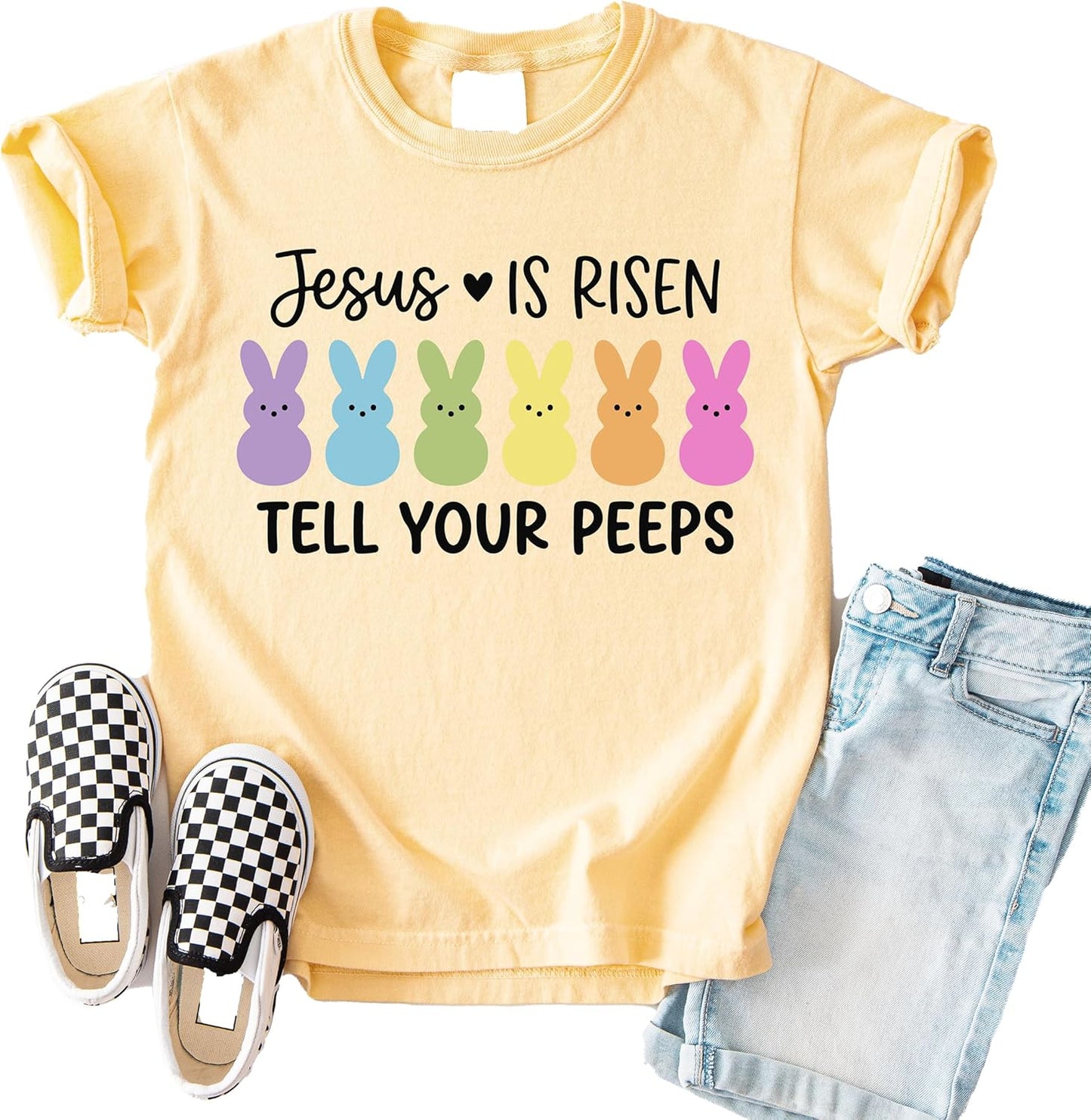 Kids Jesus He is Risen Tell Your Pee.ps T-Shirt | Cute Christian Easter Pe.eps Graphic Tee for Boys Girls Toddlers | Religious Easter Day Outfit Spring Holiday Shirt