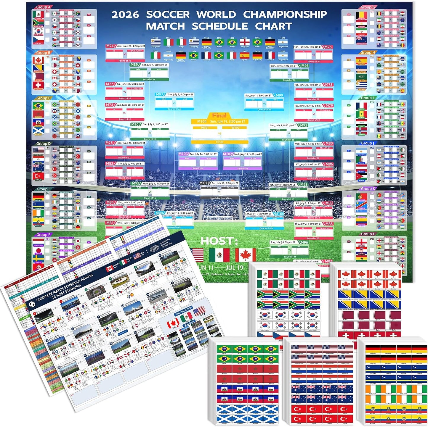 2026 World Soccer Tournament Extra Large Schedule Poster Set (3 Pack) – 43"x32" Wall Chart Calendar with 48 Team Flag Stickers, Includes A3 Stadium & Match Points Posters, Marker & Mounting Tape