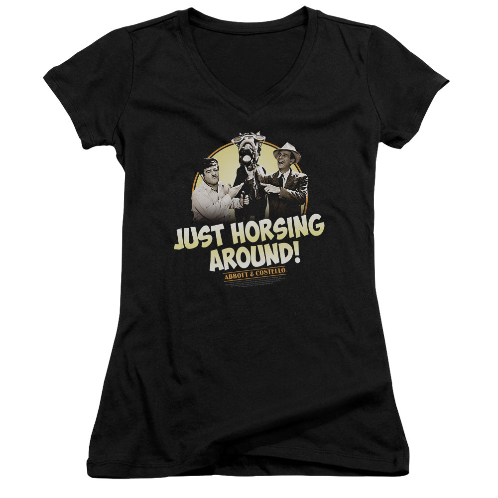 Abbott & Costello Horsing Around Junior Sheer Cap Sleeve V-Neck Womens T Shirt Black