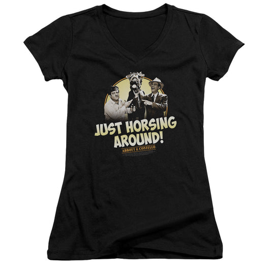 Abbott & Costello Horsing Around Junior Sheer Cap Sleeve V-Neck Womens T Shirt Black
