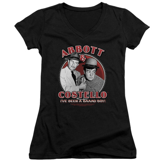 Abbott & Costello Bad Boy Junior Sheer Cap Sleeve V-Neck Womens T Shirt Black