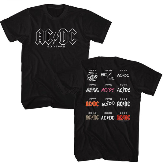 ACDC - 50 Years Logos - American Classics - Solid Black Adult Short Sleeve T-Shirt
