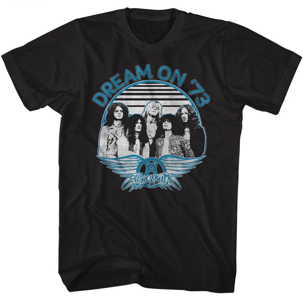 Aerosmith - Dream On Blue And White - American Classics - Solid Black Adult Short Sleeve T-Shirt