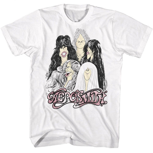 Aerosmith - Cartoons - White Front Print Short Sleeve Solid Adult T-Shirt