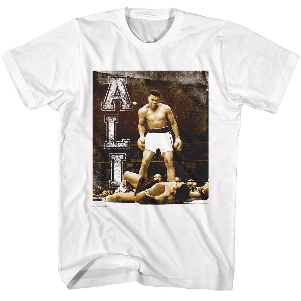 Muhammad Ali - Grunge Ko Vertical Text - American Classics - Solid White Adult Short Sleeve T-Shirt (Image 1)