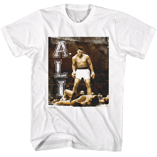 Muhammad Ali - Grunge Ko Vertical Text - American Classics - Solid White Adult Short Sleeve T-Shirt (Image 1)