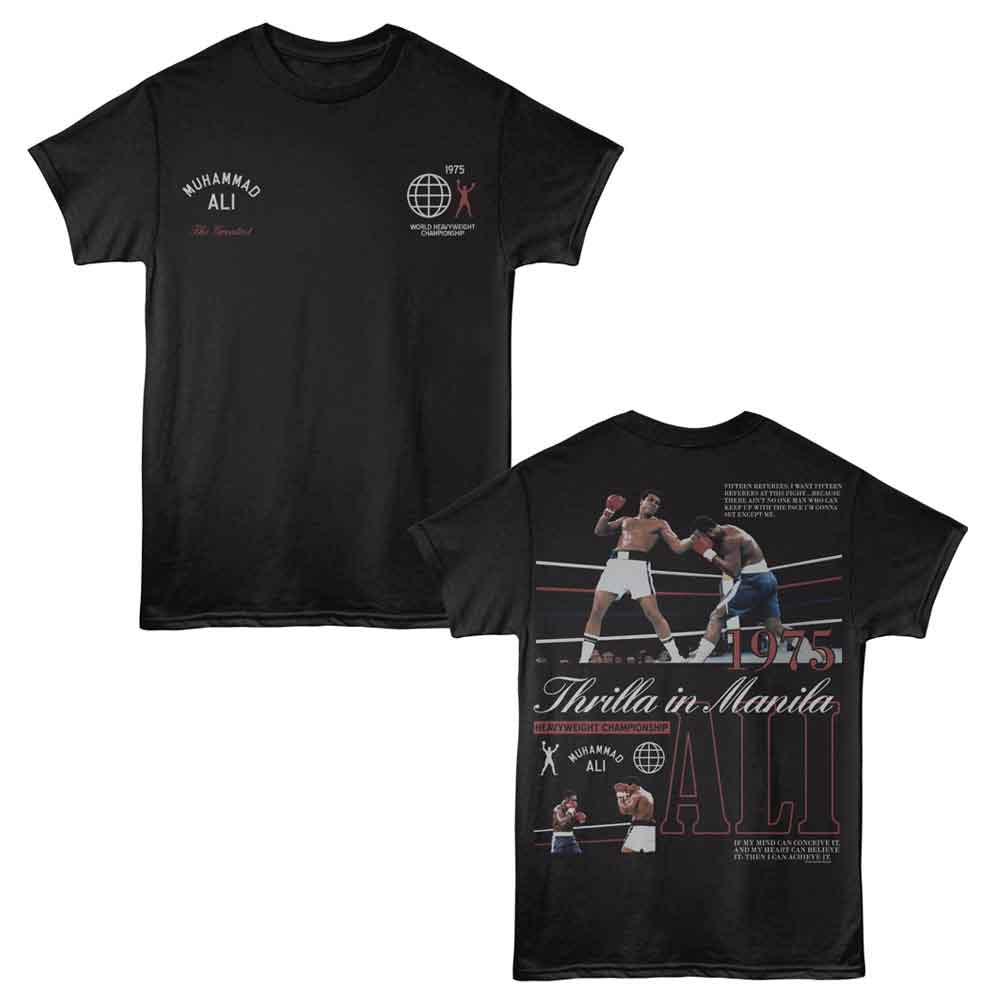 Muhammad Ali - Thrilla In Manilla - American Classics - Black Solid Adult Short Sleeve T-Shirt (Image 1)