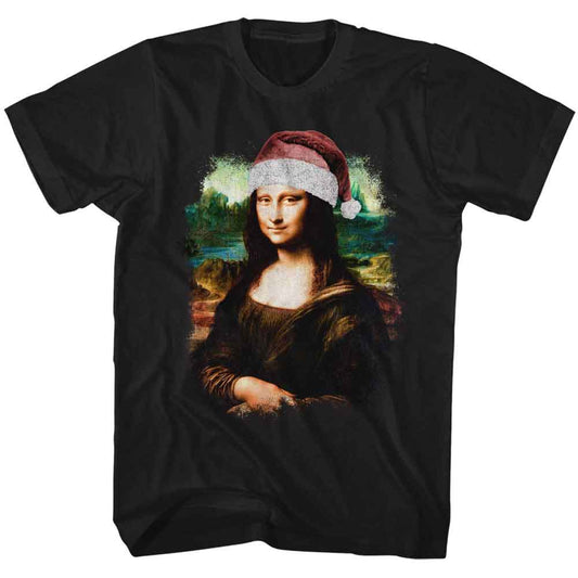 Art Gallery - Mona Lisa In Santa Hat - American Classics - Solid Black Adult Short Sleeve T-Shirt