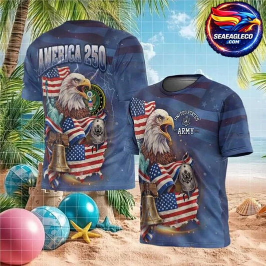 America 250 US Army Veteran Eagle &amp; Liberty Bell Blue Camo Two Sided Shirt