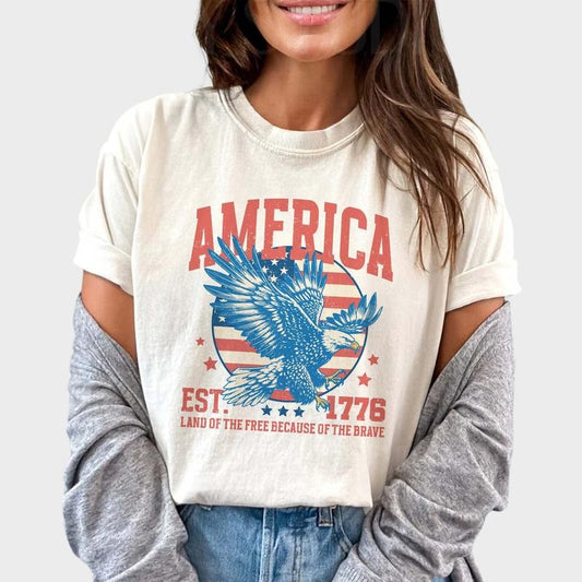 America Eagle Shirt Vintage, Est. 1776, Land of The Free Shirt, Retro America Shirt, Independence Day Tee, American Tee, Patriotic Shirt, Freedom Shirt, USA Flag Shirt, American Women's Top, Comfort Cotton Fabric Oversized Tee, Relaxed Fit Chic Style
