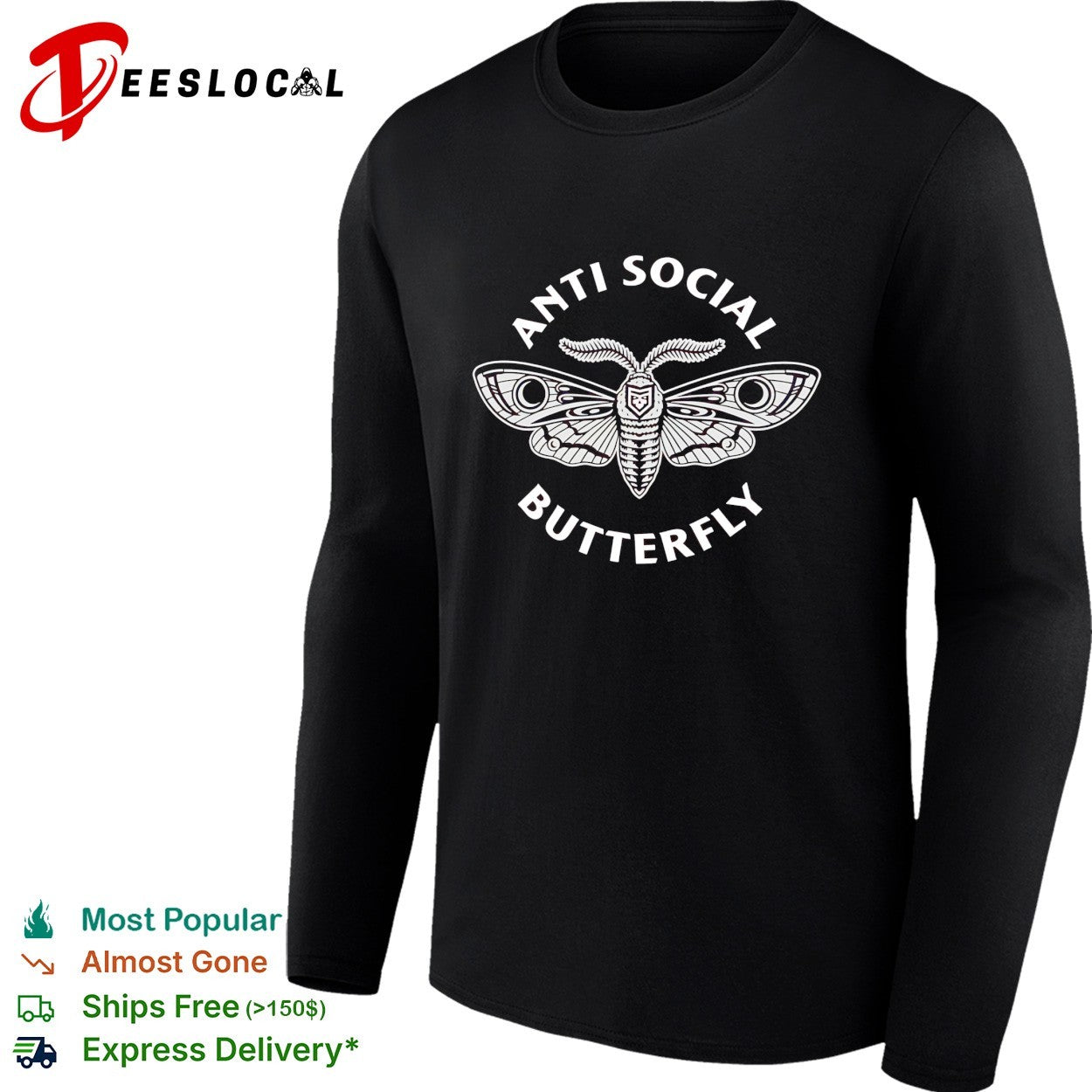 Anti social butterfly moth illustration badge shirt