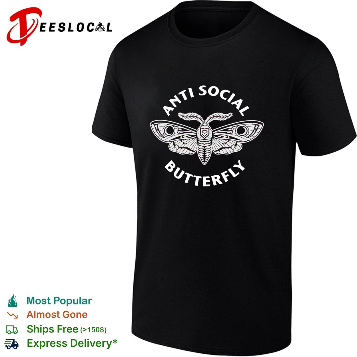 Anti social butterfly moth illustration badge shirt