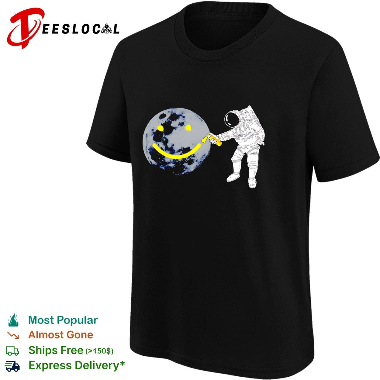Astronaut spray painting smiley face on moon shirt