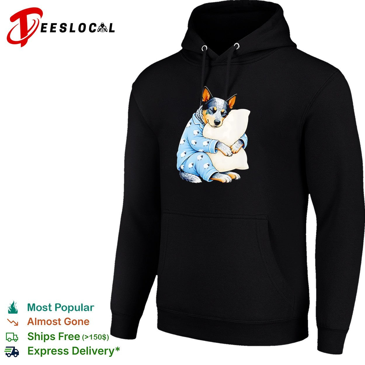 Australian Cattle Dog Sleeping in Sheep Pajamas Hugging a White Pillow shirt