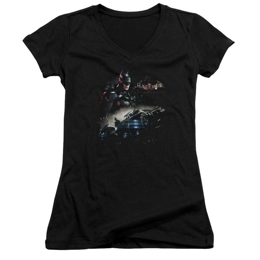 Batman Arkham Knight Knight Rider Junior Sheer Cap Sleeve V Neck Womens T Shirt Black