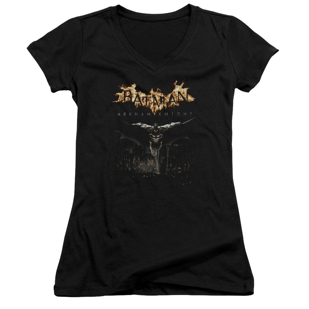 Batman Arkham Knight City Watch Junior Sheer Cap Sleeve V Neck Womens T Shirt Black
