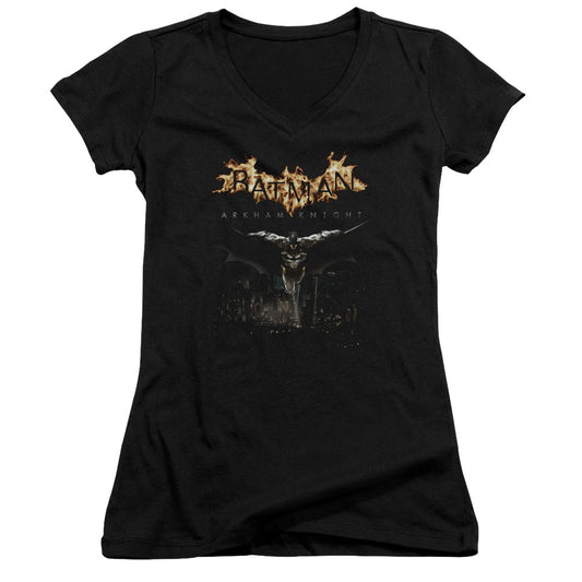 Batman Arkham Knight City Watch Junior Sheer Cap Sleeve V Neck Womens T Shirt Black