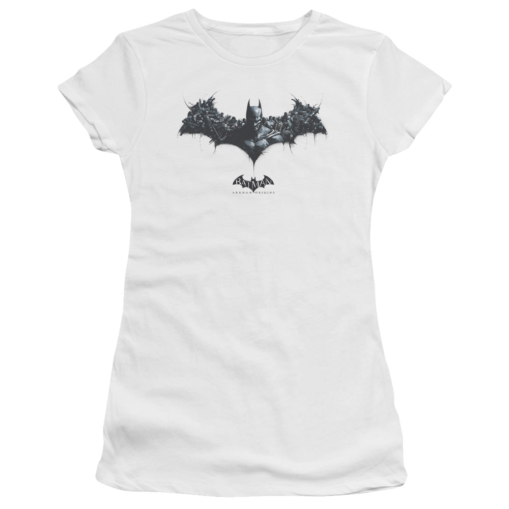 Batman Arkham Origins Bat Of Enemies Junior Sheer Cap Sleeve Womens T Shirt White