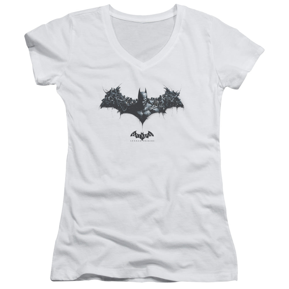 Batman Arkham Origins Bat Of Enemies Junior Sheer Cap Sleeve V Neck Womens T Shirt White