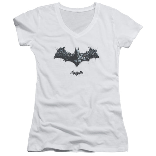 Batman Arkham Origins Bat Of Enemies Junior Sheer Cap Sleeve V Neck Womens T Shirt White