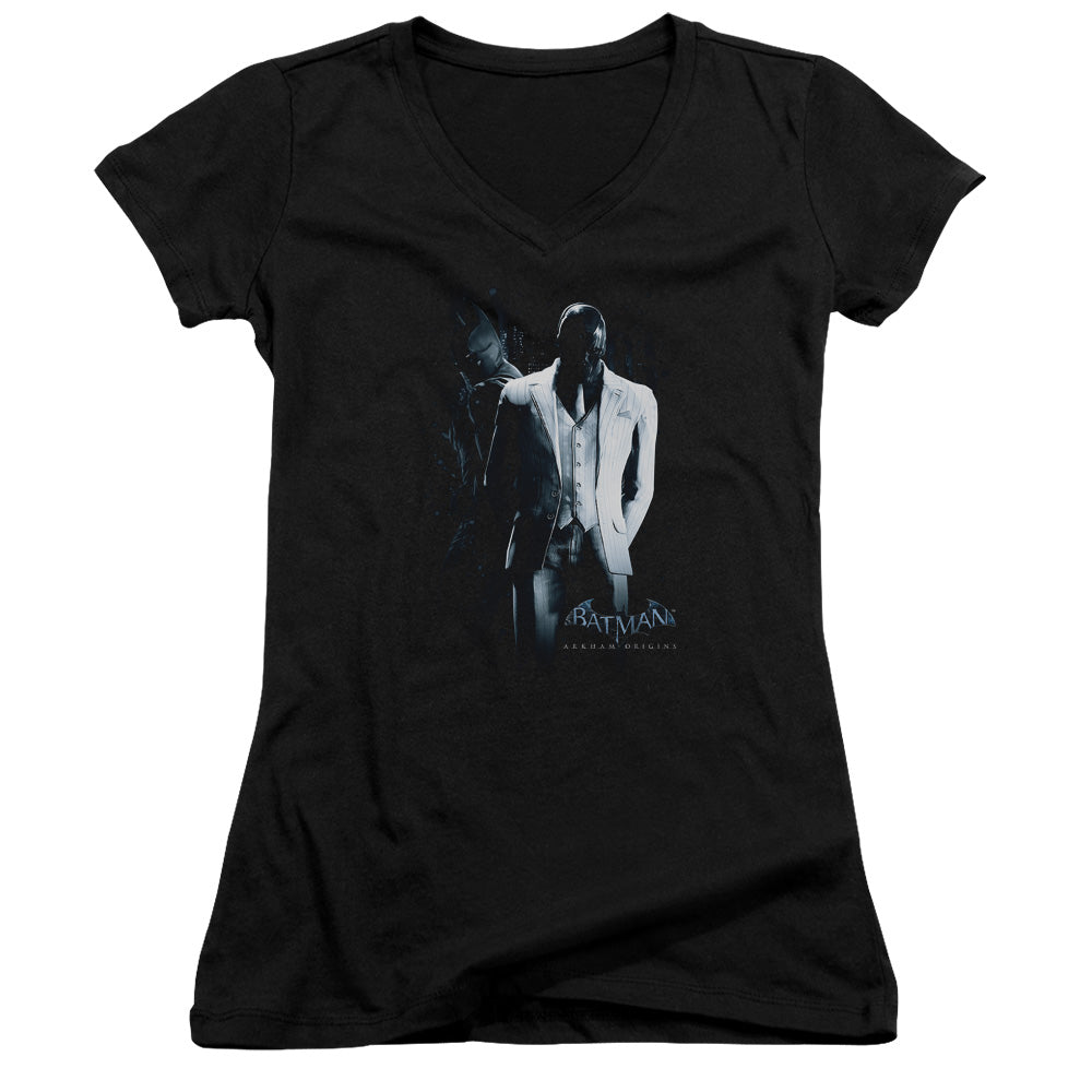 Batman Arkham Origins Black Mask Junior Sheer Cap Sleeve V Neck Womens T Shirt Black
