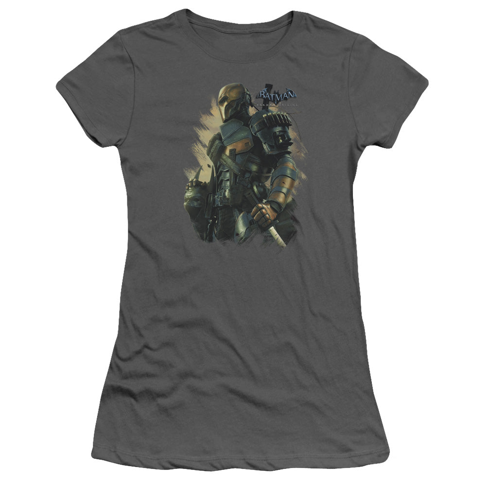 Batman Arkham Origins Deathstroke Junior Sheer Cap Sleeve Womens T Shirt Charcoal