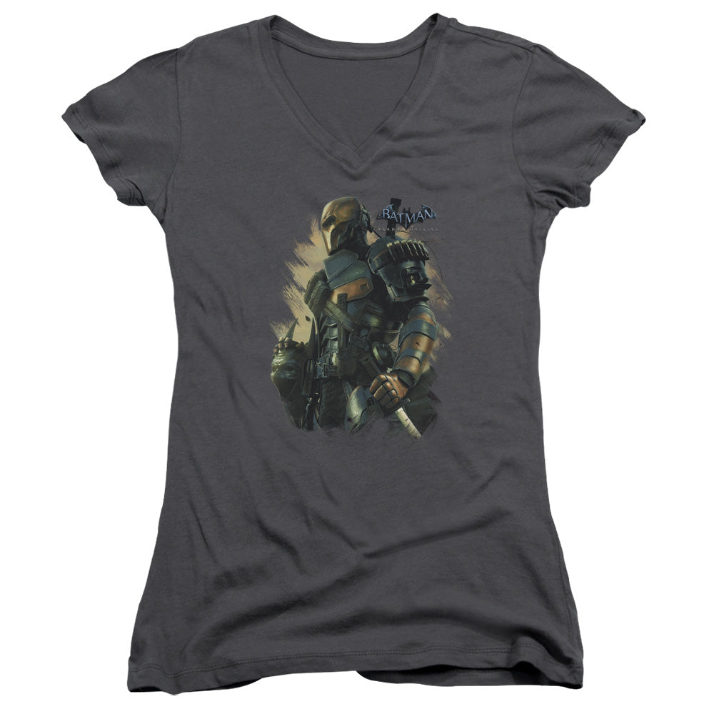 Batman Arkham Origins Deathstroke Junior Sheer Cap Sleeve V Neck Womens T Shirt Charcoal