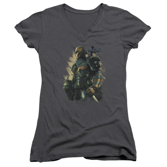 Batman Arkham Origins Deathstroke Junior Sheer Cap Sleeve V Neck Womens T Shirt Charcoal