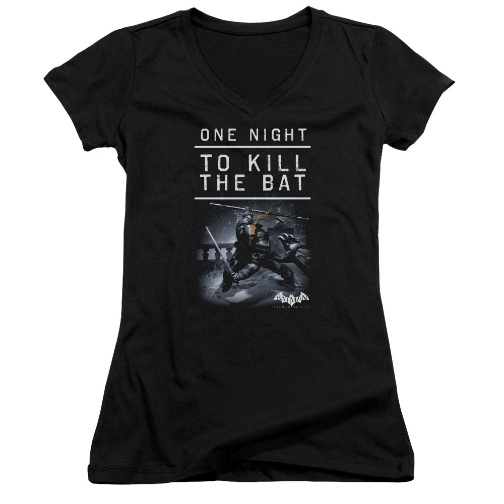 Batman Arkham Origins One Night Junior Sheer Cap Sleeve V Neck Womens T Shirt Black