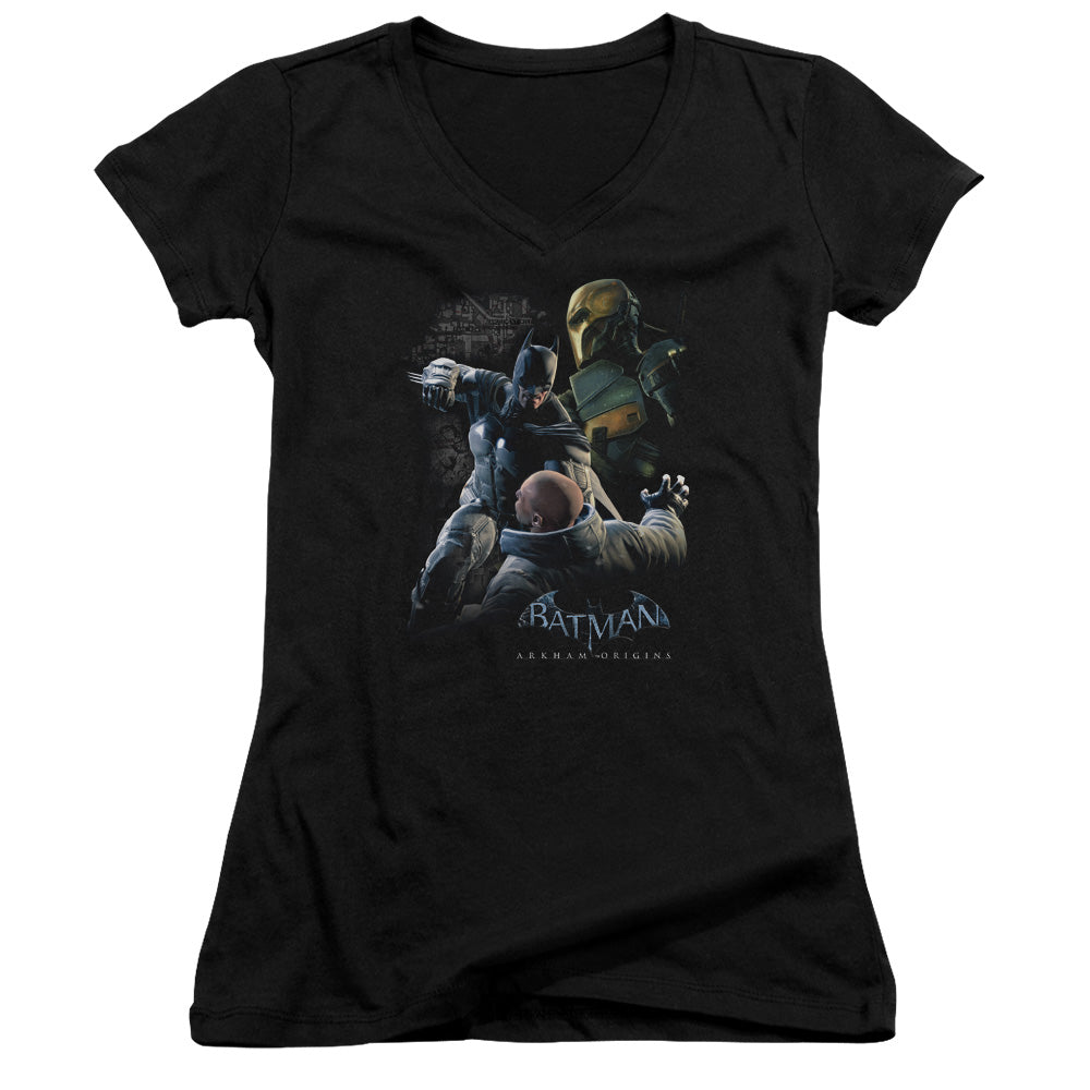 Batman Arkham Origins Punch Junior Sheer Cap Sleeve V Neck Womens T Shirt Black
