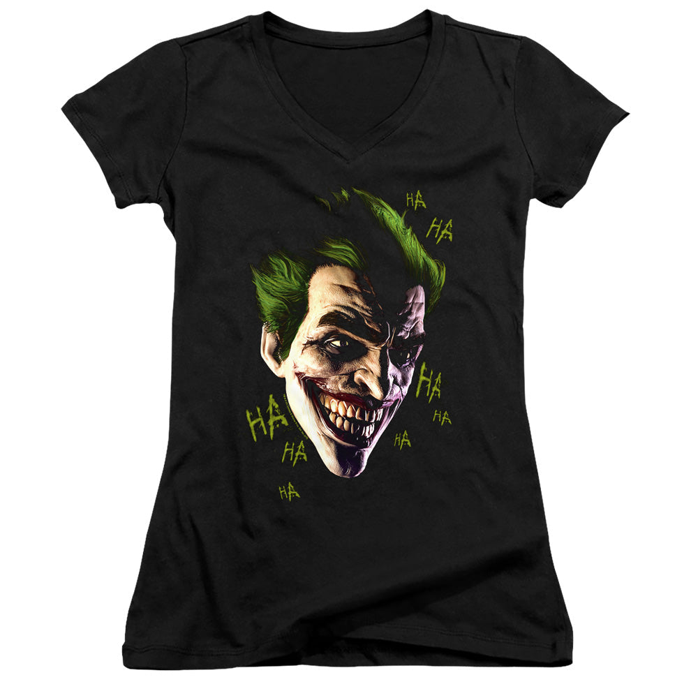 Batman Arkham Origins Joker Grim Junior Sheer Cap Sleeve V Neck Womens T Shirt Black