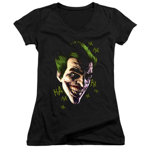 Batman Arkham Origins Joker Grim Junior Sheer Cap Sleeve V Neck Womens T Shirt Black