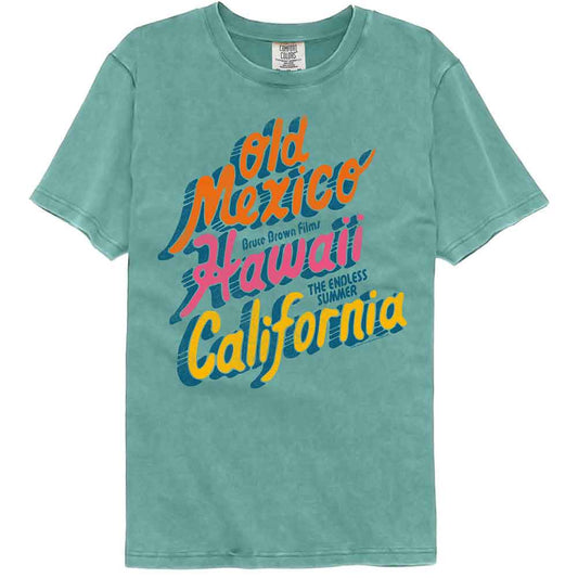 Bruce Brown Films - Summer Locations - American Classics - Solid Blue Adult Short Sleeve Comfort Color T-Shirt (Image 1)