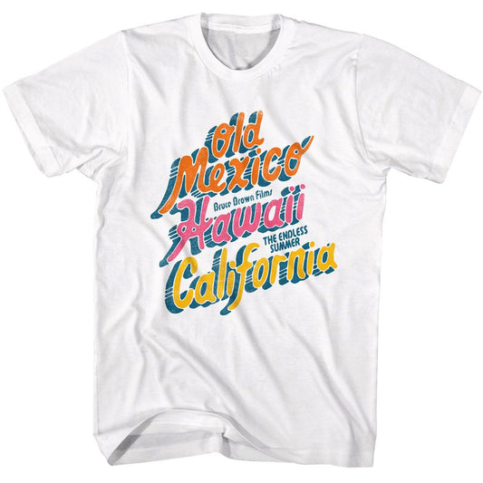 Bruce Brown Films - Summer Locations - American Classics - Solid White Adult Short Sleeve T-Shirt (Image 1)
