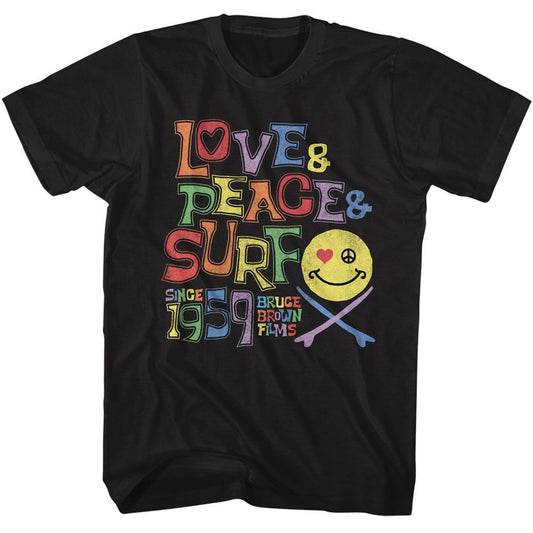 Bruce Brown Films - Love Peace And Surf - American Classics - Solid Black Adult Short Sleeve T-Shirt