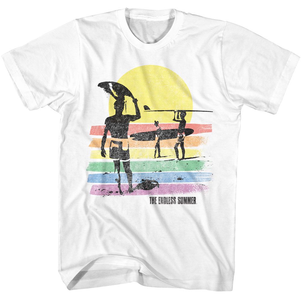 Bruce Brown Films - Rainbow Color Stripes - American Classics - Solid White Adult Short Sleeve T-Shirt (Image 1)