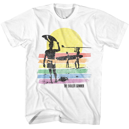 Bruce Brown Films - Rainbow Color Stripes - American Classics - Solid White Adult Short Sleeve T-Shirt (Image 1)