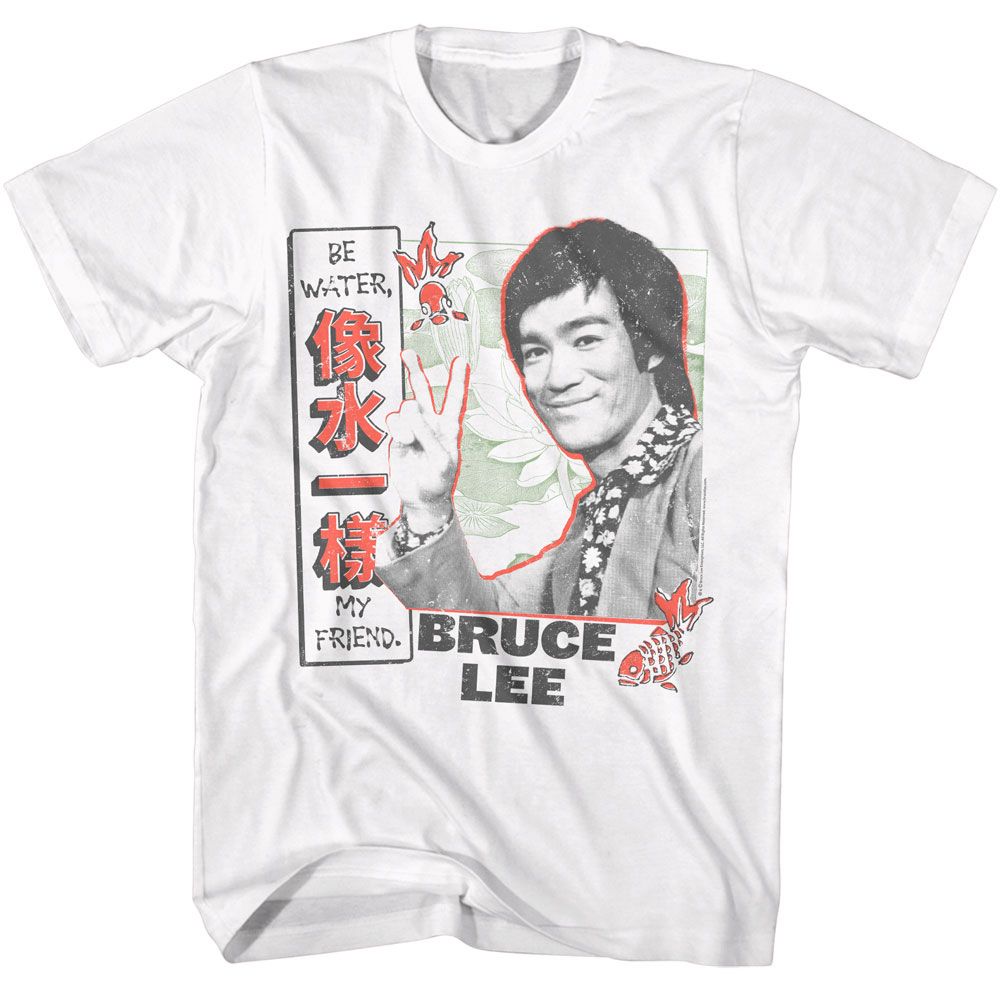 Bruce Lee - Be Water Pond Scene - White Front Print Short Sleeve Adult T-Shirt - clothing by TeeHivey.com (Image 1)
