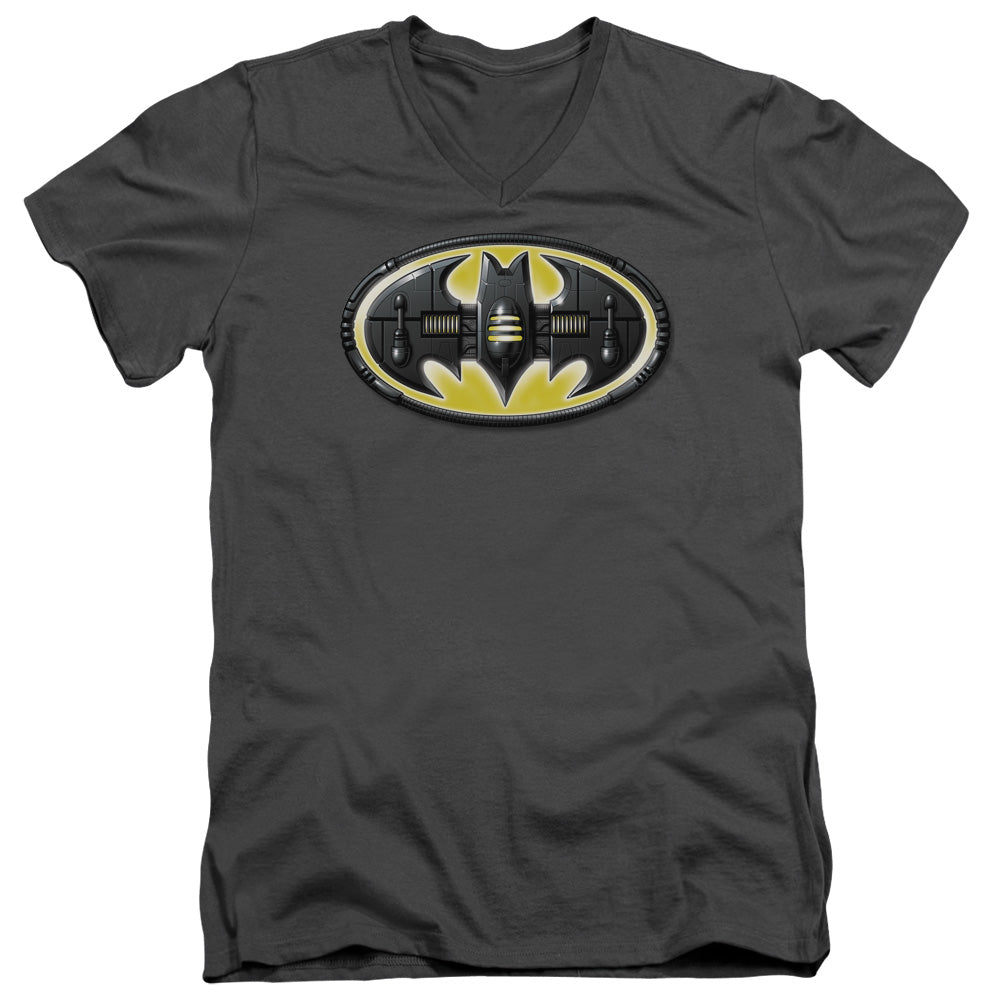 Batman Bat Mech Logo Mens Slim Fit V Neck T Shirt Charcoal