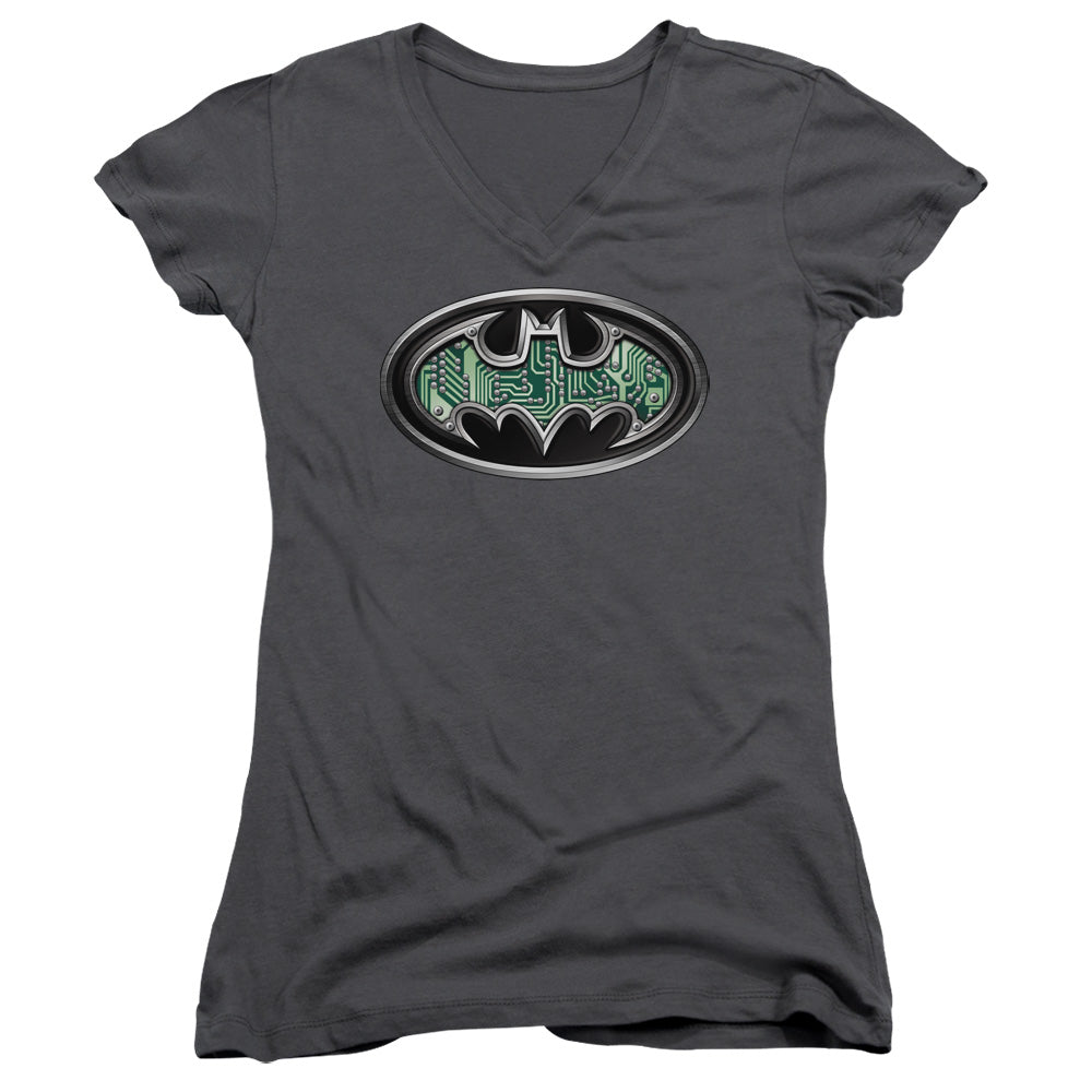 Batman Circuitry Shield Junior Sheer Cap Sleeve V Neck Womens T Shirt Charcoal
